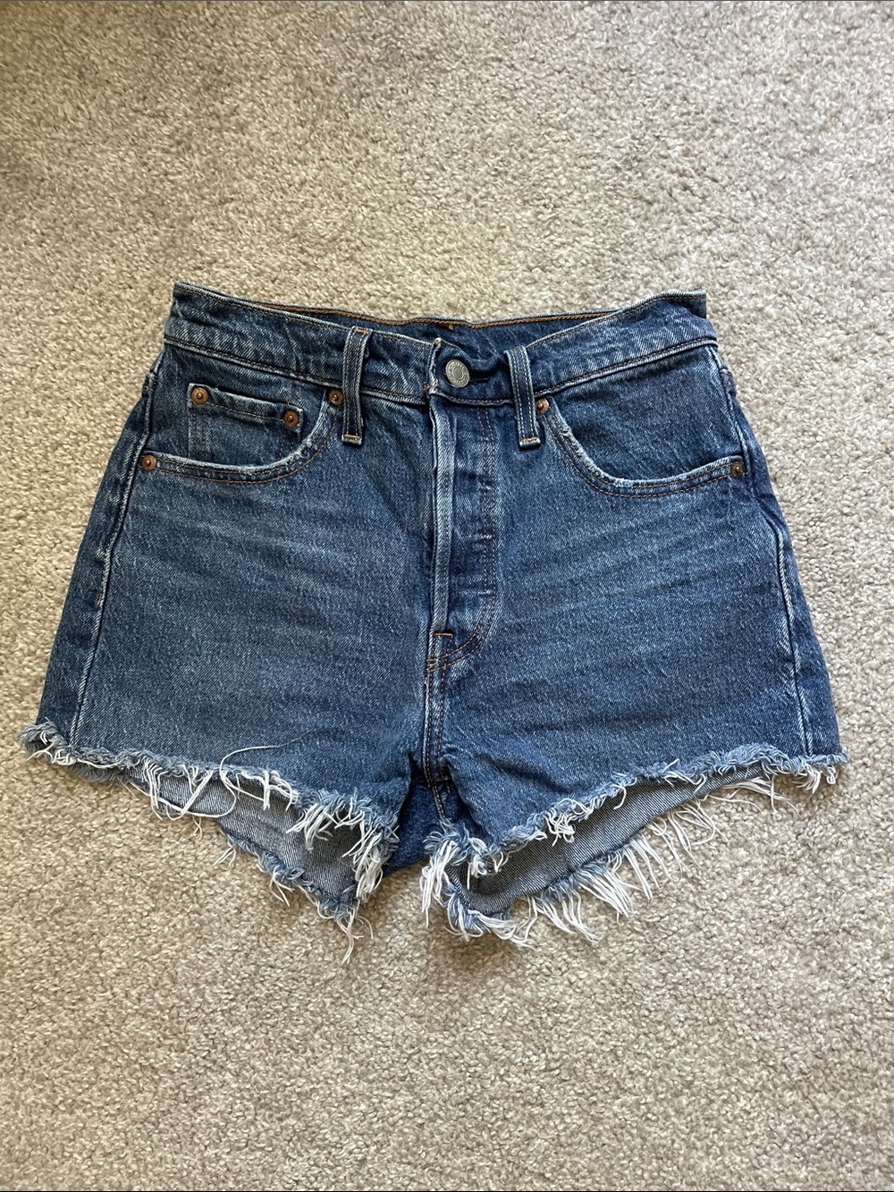 Levi's Dark Blue Distressed Frayed Hem Jean Shorts